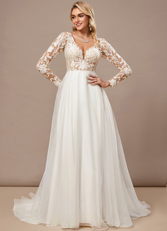 Robe Pastel Blanche Traîne Dentelle Élégante - gallery 2