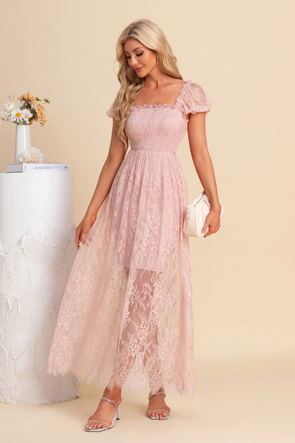 Robe Pastel Rose Dentelle Maxi Élégante - gallery 5