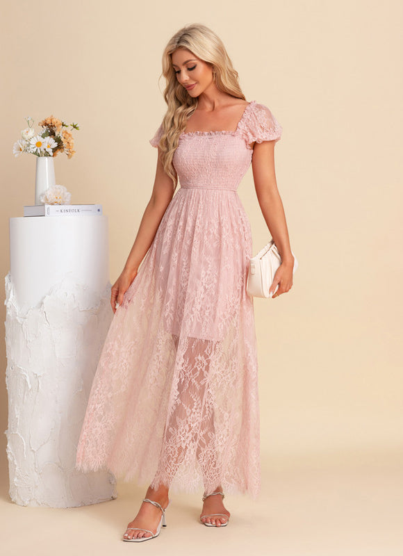 Robe Pastel Rose Dentelle Maxi Élégante - gallery 5