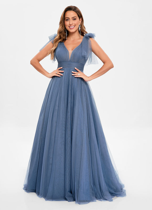 Robe Pastel Bleu Col V Traîne Tulle - gallery 1