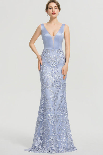 Robe Pastel Bleu Col V Traîne Dentelle - gallery 3