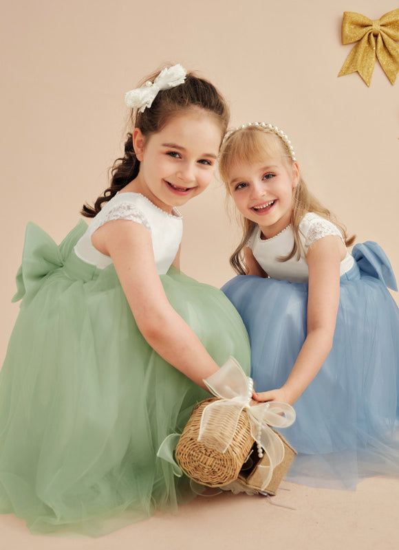 Robe Pastel Bleu Col Rond Satin Tulle - gallery 6