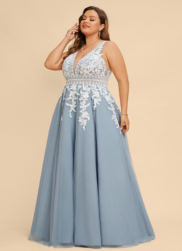 Robe Pastel Bleu Col V Tulle Longue - gallery 9