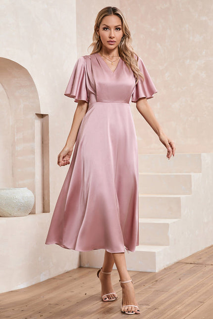 Robe Pastel Rose Satin Col V Midi - gallery 4
