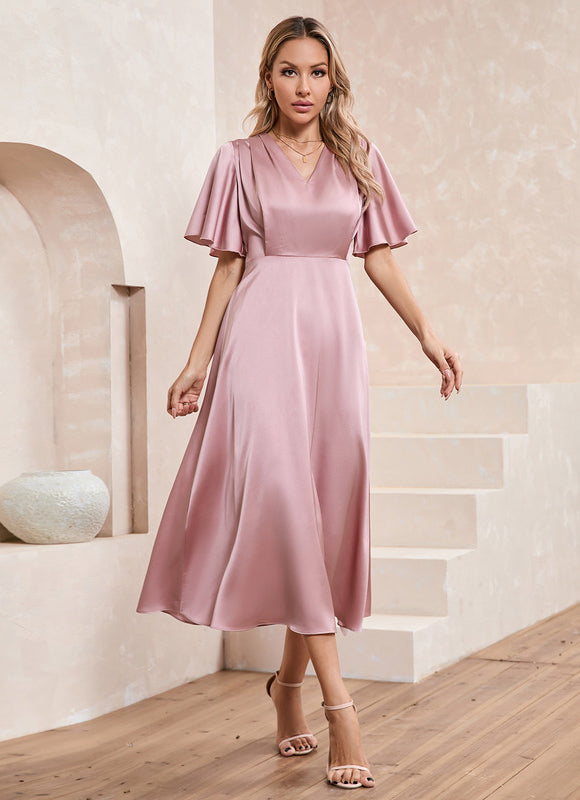 Robe Pastel Rose Satin Col V Midi - gallery 4