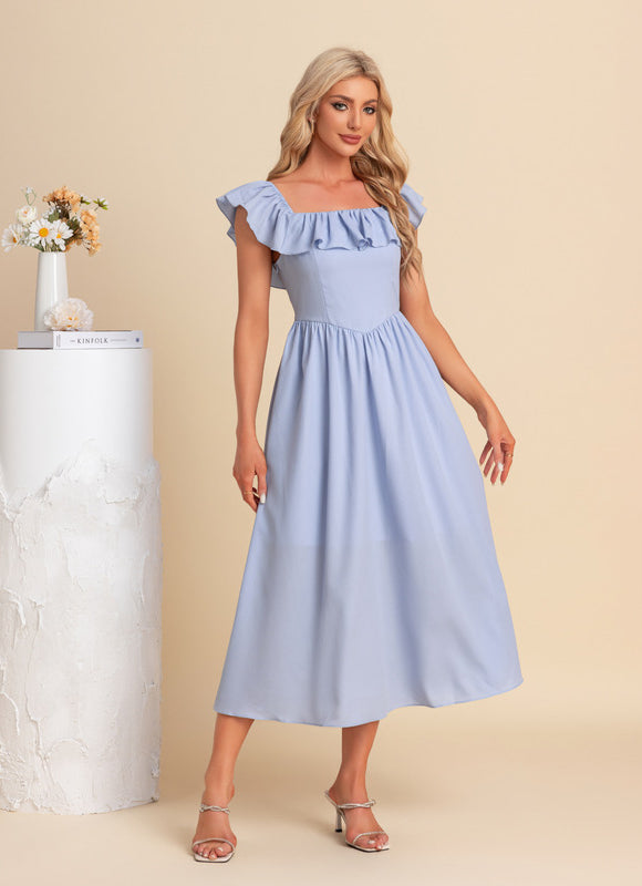 Robe Pastel Bleu Col Carré Midi - gallery 3