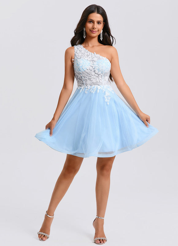 Robe Pastel Bleu Décolleté Asymétrique Tulle - gallery 5