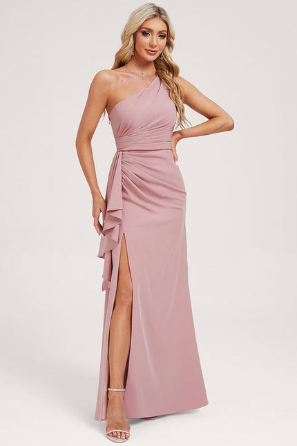 Robe Pastel Rose Décolleté Asymétrique Élégante - gallery 4