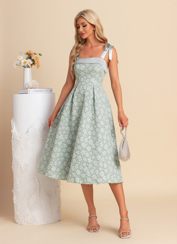 Robe Pastel Verte Trapèze Midi Jacquard - gallery 4