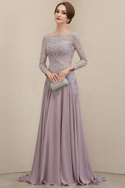 Robe Pastel Violet Col Rond Traîne Dentelle - gallery 2