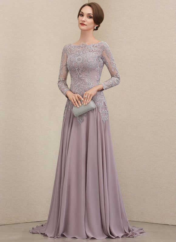 Robe Pastel Violet Col Rond Traîne Dentelle - gallery 2