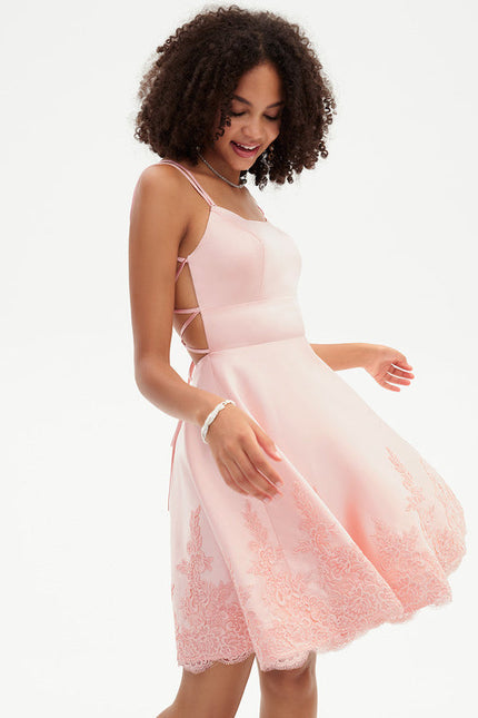 Robe Pastel Rose Courtes Trapèze Satin - gallery 3