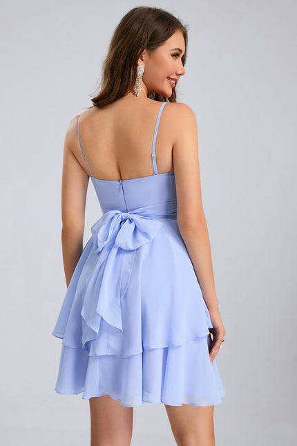 Robe Pastel Bleu Col V Trapèze Mousseline - gallery 3