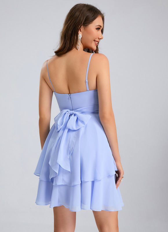 Robe Pastel Bleu Col V Trapèze Mousseline - gallery 3
