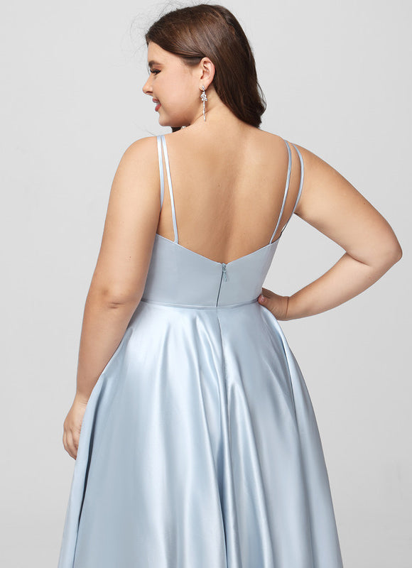Robe Pastel Bleue Satin Trapèze Col V - gallery 7