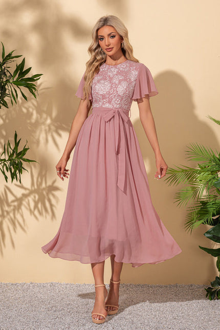 Robe Pastel Rose Col Rond Trapèze Midi - gallery 6