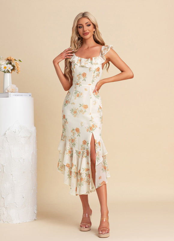 Robe Pastel Floral Crème Col Cœur Midi