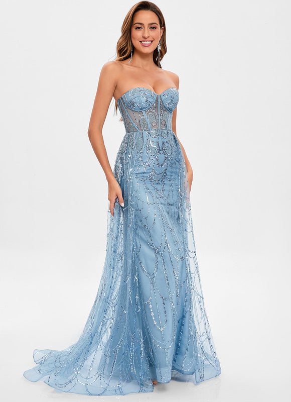 Robe Pastel Bleu Pailleté Avec Traîne - gallery 1