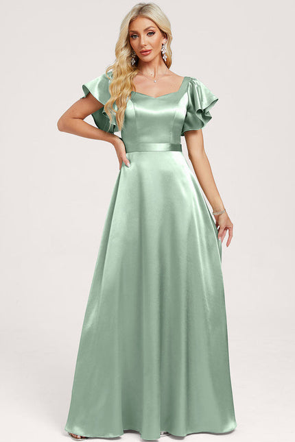 Robe Pastel Verte Satin Longueur Ras Du Sol