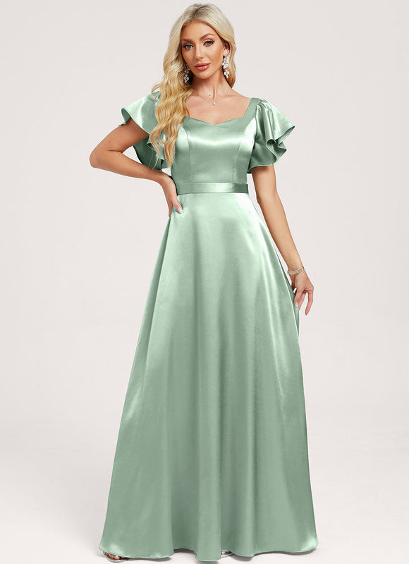 Robe Pastel Verte Satin Longueur Ras Du Sol