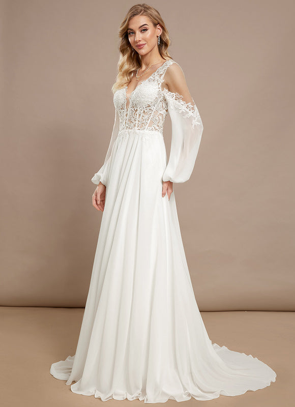 Robe Pastel Blanche Col V Traîne Dentelle - gallery 3