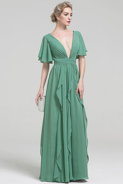 Robe Pastel Verte Col V Fluide Volants - gallery 3