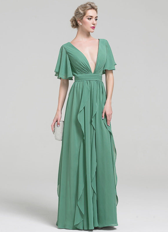 Robe Pastel Verte Col V Fluide Volants - gallery 3