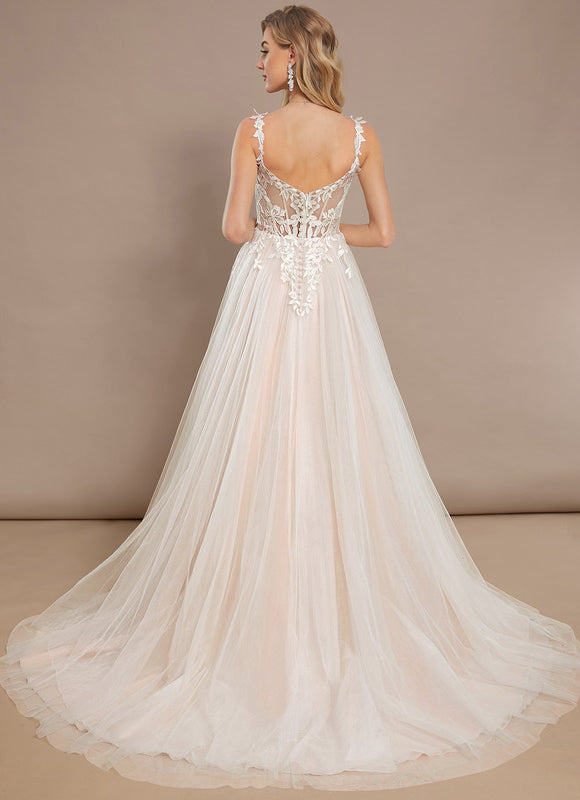 Robe Pastel Blanche Col V Traîne Tulle - gallery 6