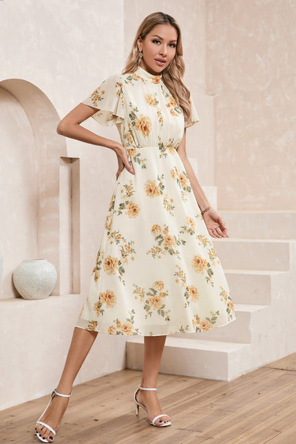 Robe Pastel Beige Fleurs Col Montant - gallery 2