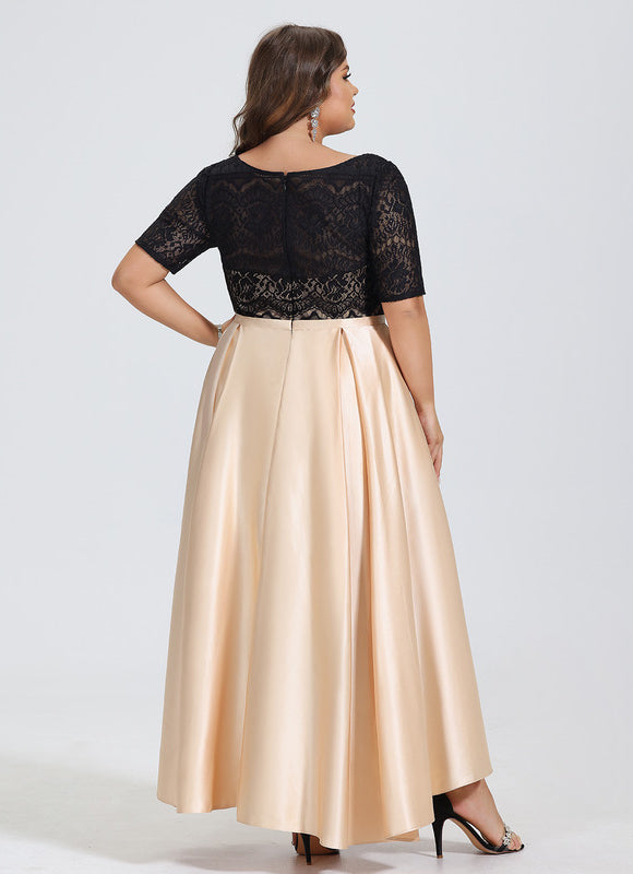 Robe Pastel Beige Trapèze Satin Dentelle - gallery 6