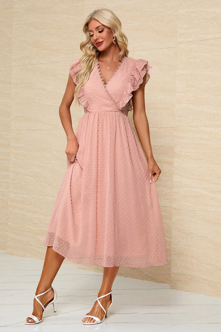 Robe Pastel Rose Col V Trapèze Midi - gallery 5