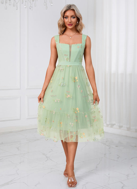 Robe Pastel Verte Col Cœur Tulle Élégante - gallery 5