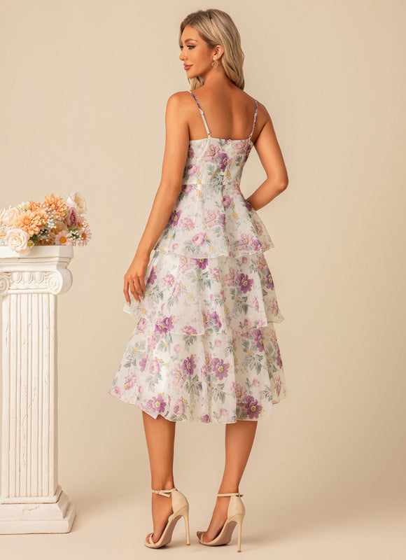 Robe Pastel Fleuri Trapèze Longueur Mollet - gallery 4