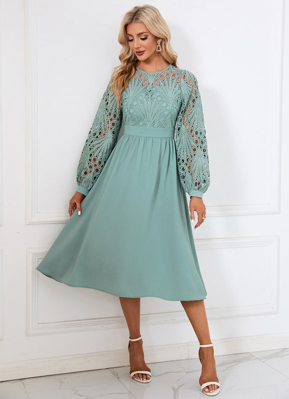 Robe Pastel Verte Col Rond Dentelle Midi - gallery 5