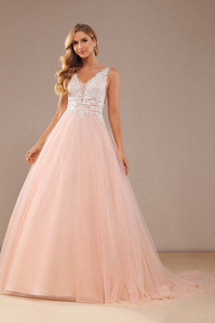 Robe Pastel Rose Col V Traîne Tulle - gallery 5