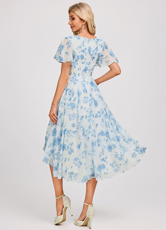 Robe Pastel Bleu Asymétrique Col V Volants - gallery 5