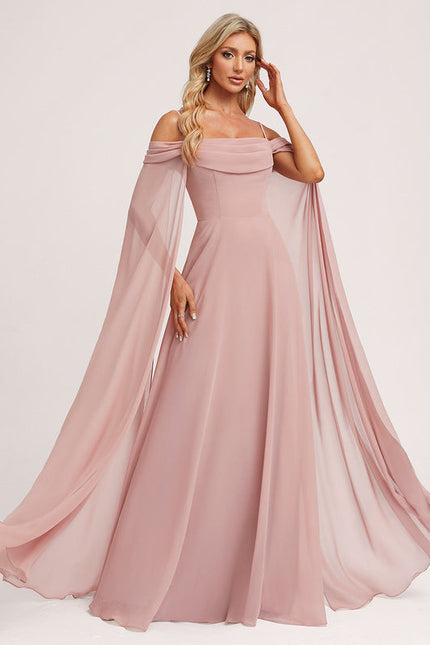 Robe Pastel Rose Décolleté Longue Avec Volants - gallery 5