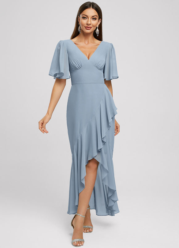 Robe Pastel Bleu Sirène Col V Volants