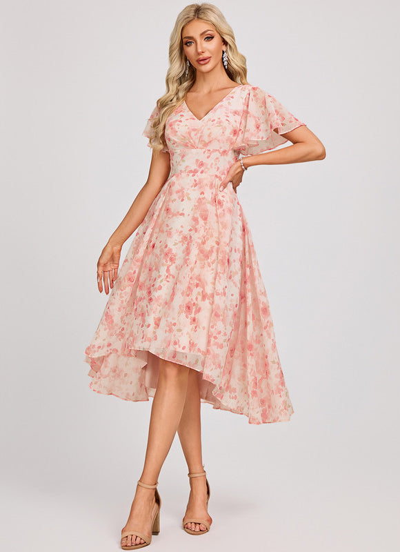 Robe Pastel Bleu Asymétrique Col V Volants