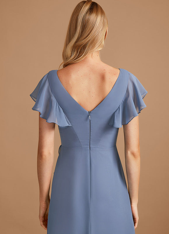 Robe Pastel Bleu Asymétrique Col V Volants - gallery 6