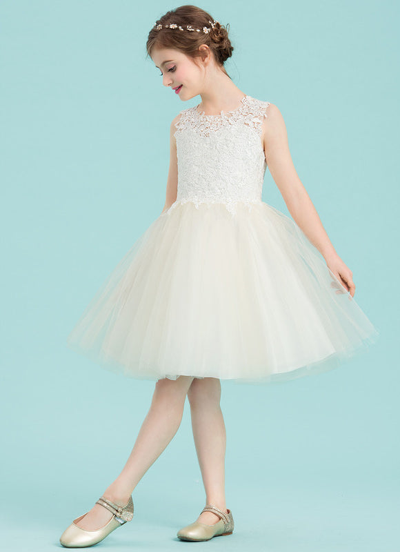 Robe Pastel Crème Dentelle Col Rond Genoux - gallery 5
