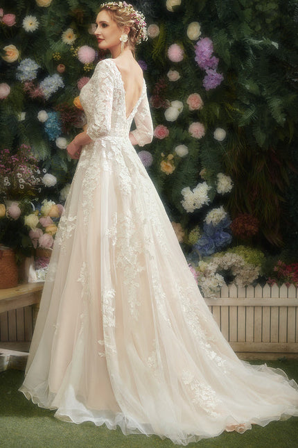 Robe Pastel Rose Traîne Tulle Dentelle - gallery 2