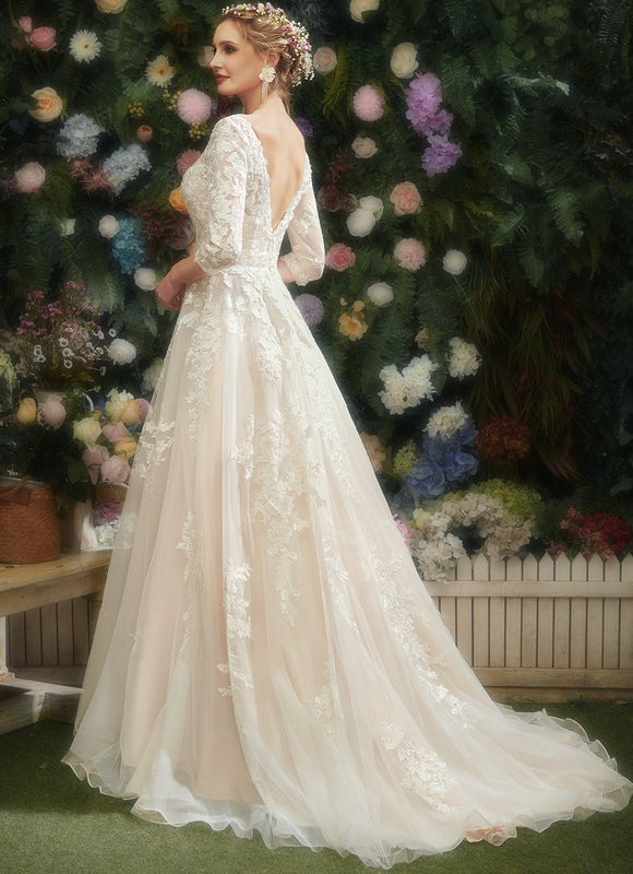 Robe Pastel Rose Traîne Tulle Dentelle - gallery 2