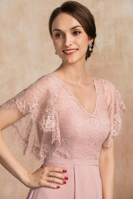 Robe Pastel Rose Col V Dentelle Élégante - gallery 2