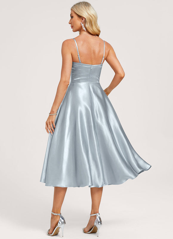 Robe Pastel Satin Bleu Ciel Trapèze - gallery 4