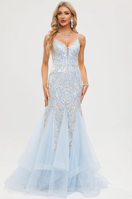 Robe Pastel Bleu Sirène Traîne Pailletée - gallery 2