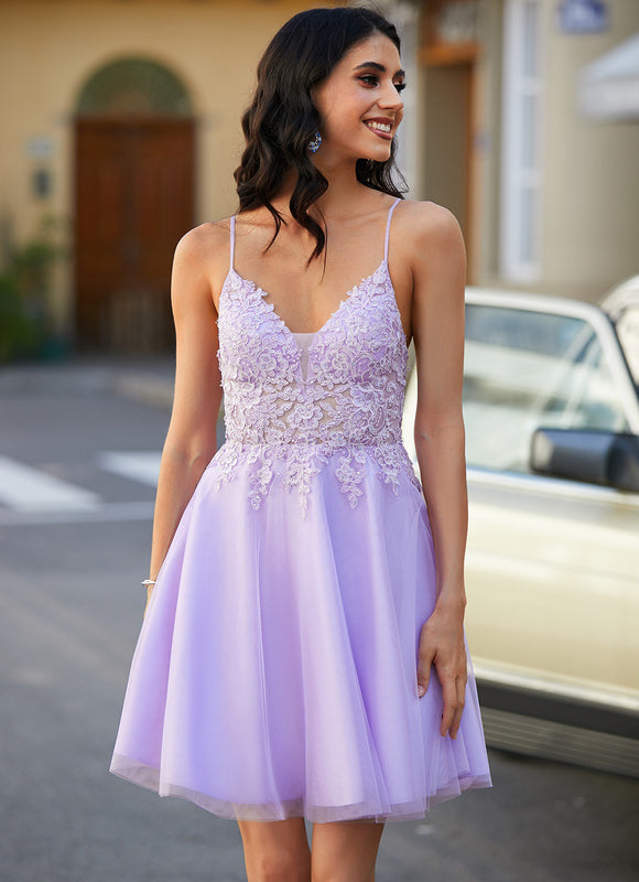 Robe Pastel Lavande Col V Dentelle Tulle - gallery 7
