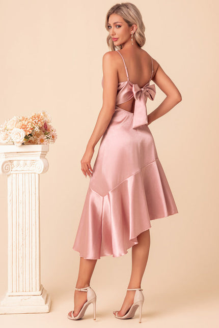 Robe Pastel Rose Satin Asymétrique Midi - gallery 5