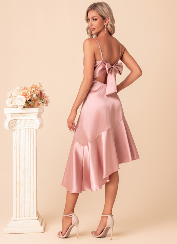 Robe Pastel Rose Satin Asymétrique Midi - gallery 5