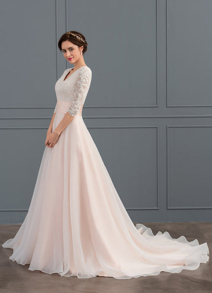 Robe Pastel Rose Col V Traîne Moyenne